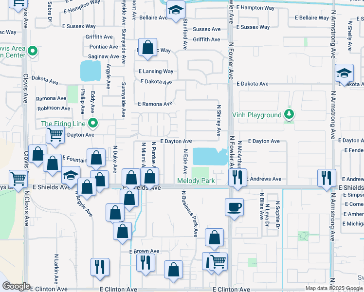 map of restaurants, bars, coffee shops, grocery stores, and more near 3615 North Ezie Avenue in Fresno