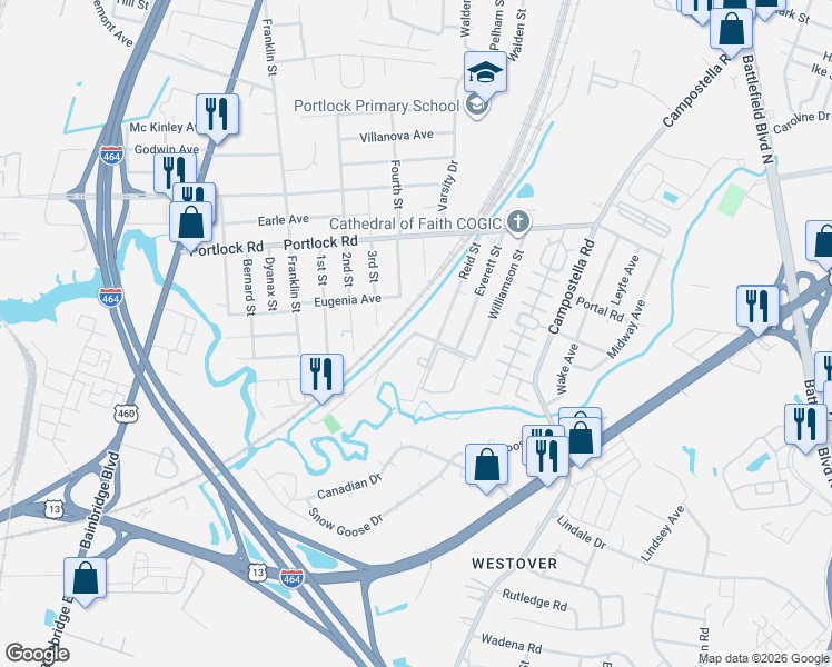 map of restaurants, bars, coffee shops, grocery stores, and more near 1616 Eugenia Avenue in Chesapeake