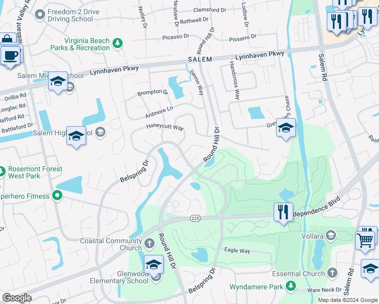 map of restaurants, bars, coffee shops, grocery stores, and more near 989 Penhook Court in Virginia Beach