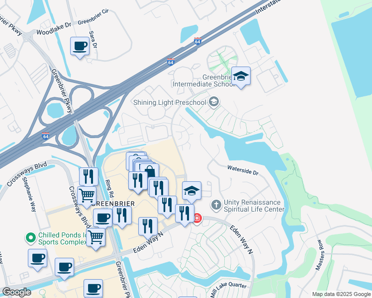 map of restaurants, bars, coffee shops, grocery stores, and more near 1604 Stone Moss Reach in Chesapeake