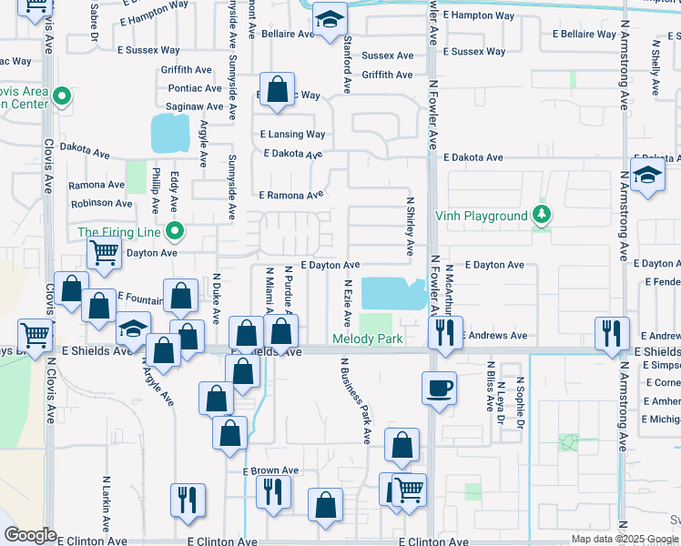 map of restaurants, bars, coffee shops, grocery stores, and more near 3615 North Ezie Avenue in Fresno