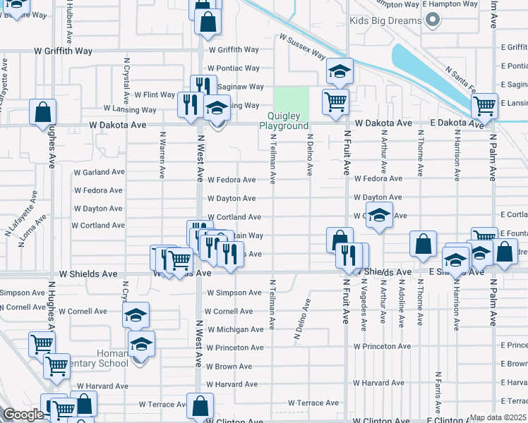 map of restaurants, bars, coffee shops, grocery stores, and more near 946 West Dayton Avenue in Fresno