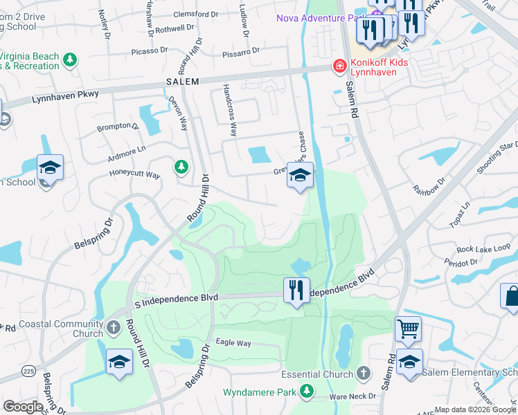 map of restaurants, bars, coffee shops, grocery stores, and more near 1712 Brightwell Place in Virginia Beach