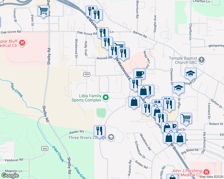 map of restaurants, bars, coffee shops, grocery stores, and more near 2630 Forest View Street in Poplar Bluff
