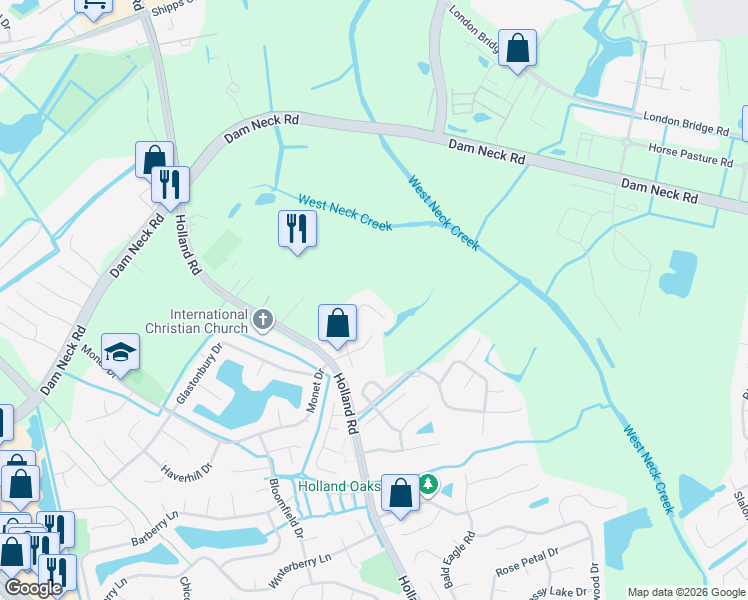 map of restaurants, bars, coffee shops, grocery stores, and more near 1829 Laurel Oak Lane in Virginia Beach