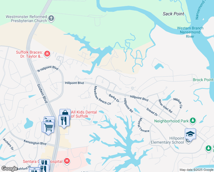 map of restaurants, bars, coffee shops, grocery stores, and more near 4105 Gunston Drive in Suffolk