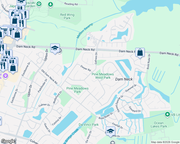 map of restaurants, bars, coffee shops, grocery stores, and more near 813 Levy Loop in Virginia Beach