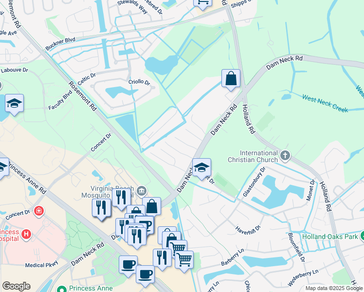 map of restaurants, bars, coffee shops, grocery stores, and more near 1729 Purpose Drive in Virginia Beach
