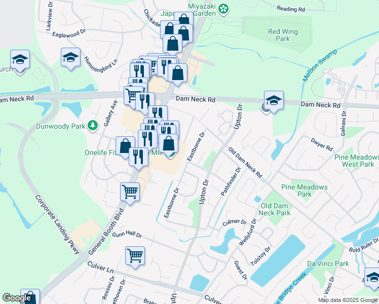 map of restaurants, bars, coffee shops, grocery stores, and more near 1745 Eastborne Drive in Virginia Beach