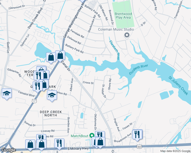 map of restaurants, bars, coffee shops, grocery stores, and more near 1067 Cox Avenue in Chesapeake