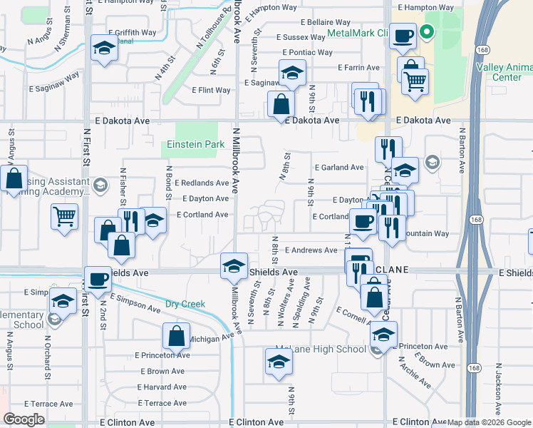 map of restaurants, bars, coffee shops, grocery stores, and more near 3404 North Millbrook Avenue in Fresno