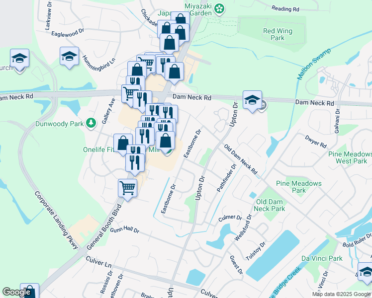 map of restaurants, bars, coffee shops, grocery stores, and more near 1745 Eastborne Drive in Virginia Beach