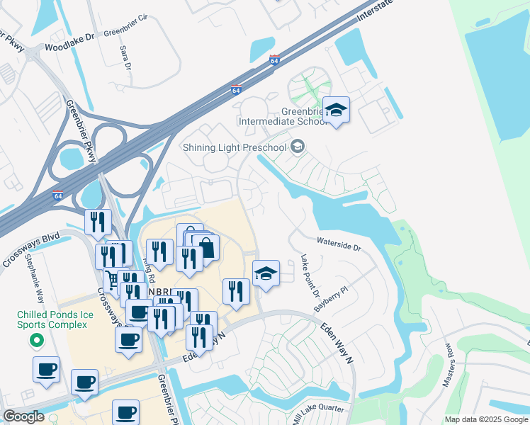 map of restaurants, bars, coffee shops, grocery stores, and more near 1613 Stone Moss Reach in Chesapeake