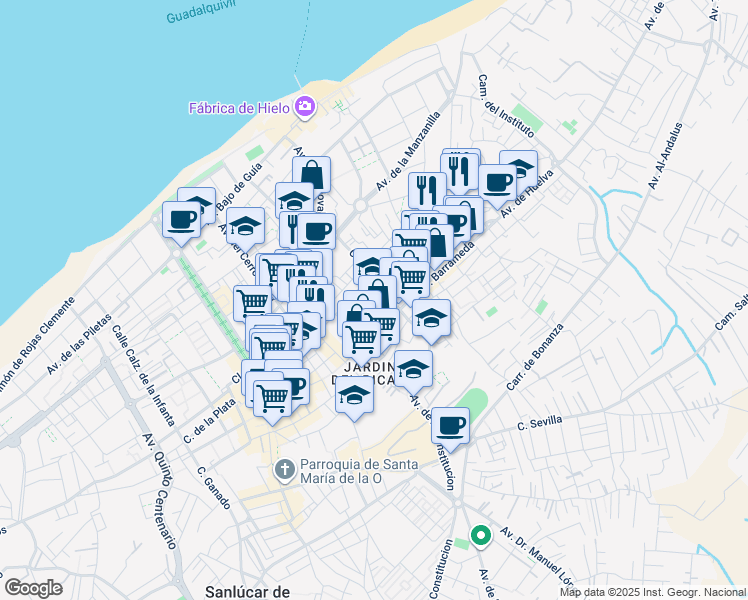 map of restaurants, bars, coffee shops, grocery stores, and more near 24 Calle San Nicolás in Sanlúcar de Barrameda