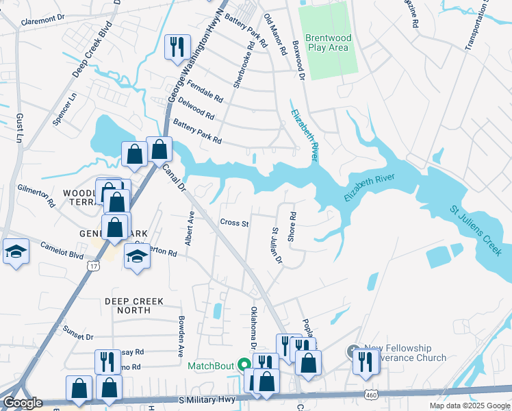 map of restaurants, bars, coffee shops, grocery stores, and more near 1067 Cox Avenue in Chesapeake