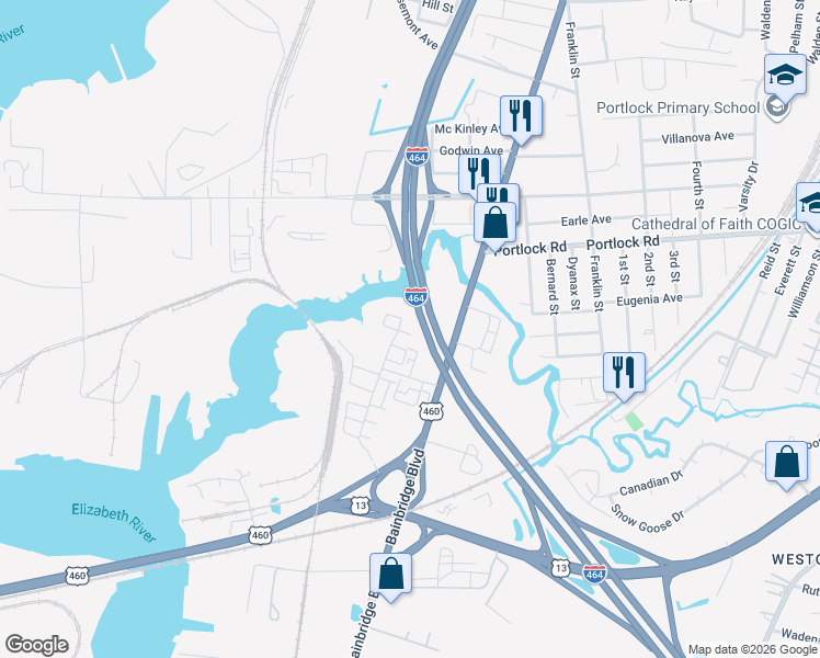 map of restaurants, bars, coffee shops, grocery stores, and more near 4329 Whitfield Lane in Chesapeake