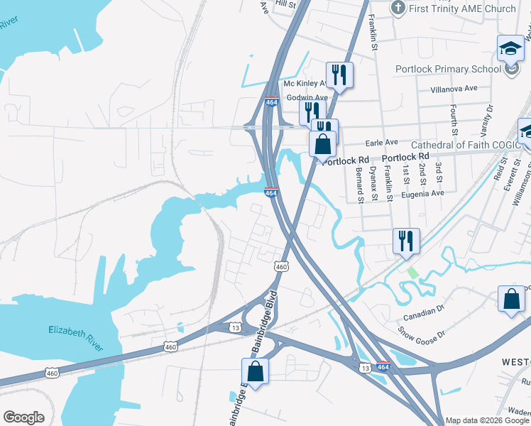 map of restaurants, bars, coffee shops, grocery stores, and more near 604 Brickell Chase in Chesapeake