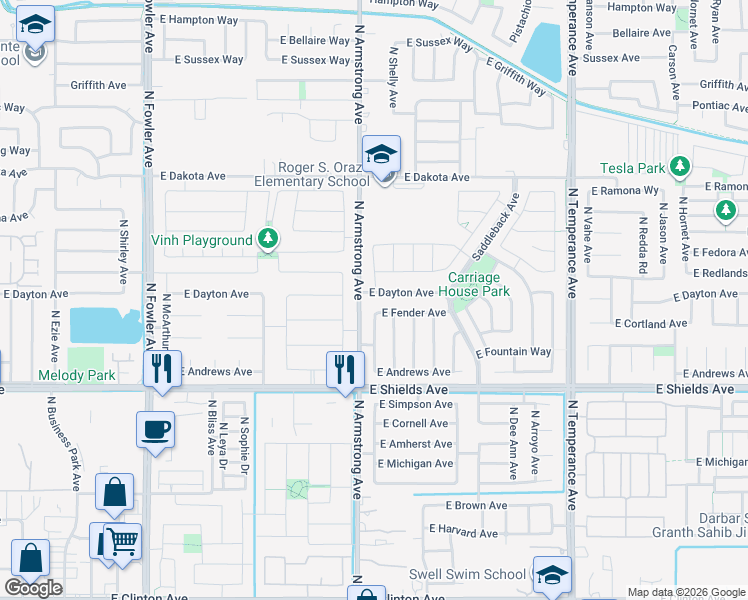 map of restaurants, bars, coffee shops, grocery stores, and more near 3259 North Filbert Avenue in Fresno