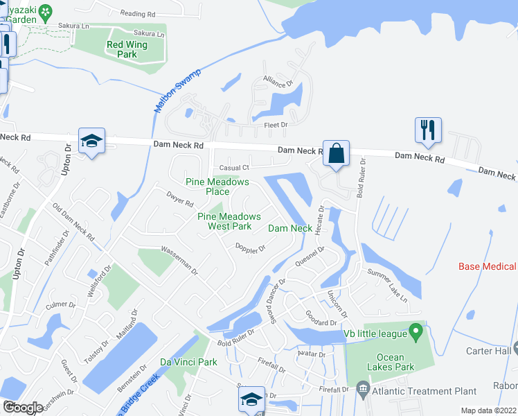 map of restaurants, bars, coffee shops, grocery stores, and more near 857 Daimler Drive in Virginia Beach