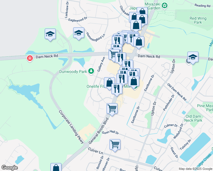 map of restaurants, bars, coffee shops, grocery stores, and more near 1133 Hubbell Drive in Virginia Beach