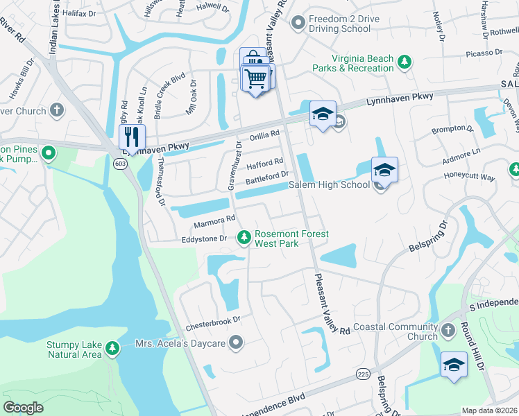 map of restaurants, bars, coffee shops, grocery stores, and more near 1348 Graylyn Road in Virginia Beach