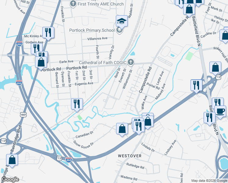 map of restaurants, bars, coffee shops, grocery stores, and more near 4137 Reid Street in Chesapeake