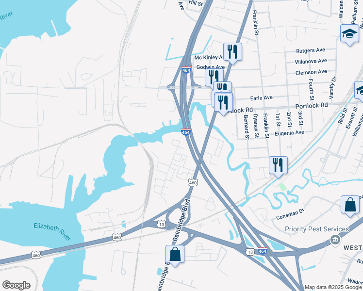 map of restaurants, bars, coffee shops, grocery stores, and more near 604 Brickell Chase in Chesapeake