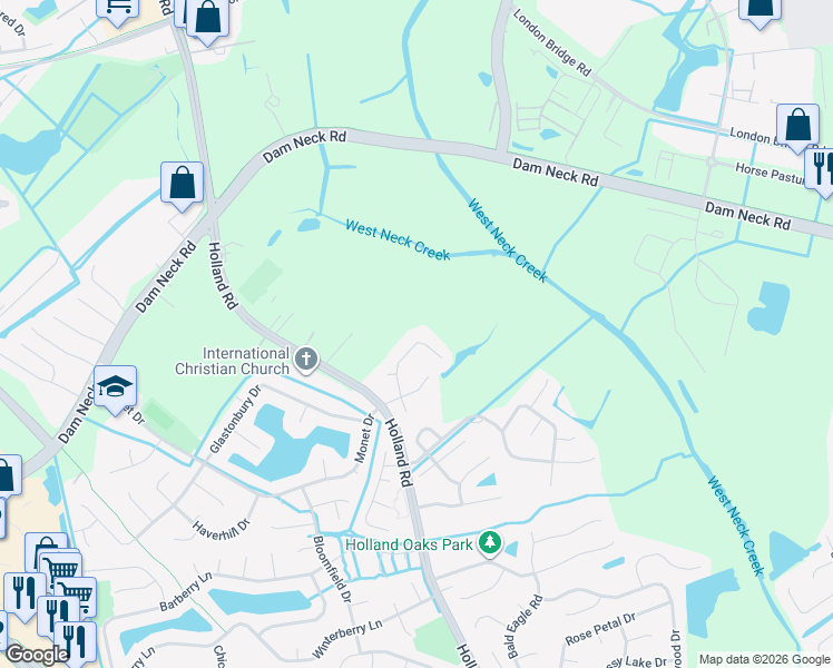 map of restaurants, bars, coffee shops, grocery stores, and more near 1829 Laurel Oak Lane in Virginia Beach