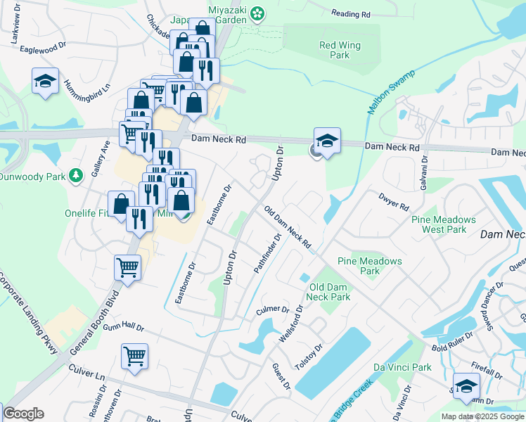 map of restaurants, bars, coffee shops, grocery stores, and more near 1704 Pathfinder Drive in Virginia Beach