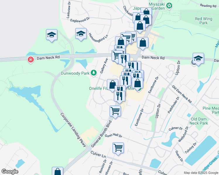 map of restaurants, bars, coffee shops, grocery stores, and more near 1133 Hubbell Drive in Virginia Beach