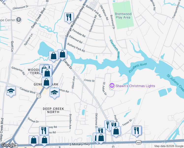 map of restaurants, bars, coffee shops, grocery stores, and more near 1117 Dane Street in Chesapeake