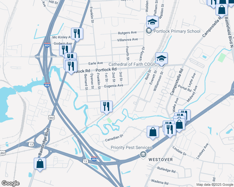 map of restaurants, bars, coffee shops, grocery stores, and more near 4145 2nd Street in Chesapeake