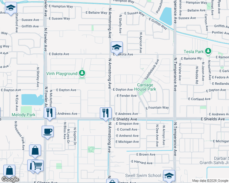 map of restaurants, bars, coffee shops, grocery stores, and more near 3259 North Filbert Avenue in Fresno