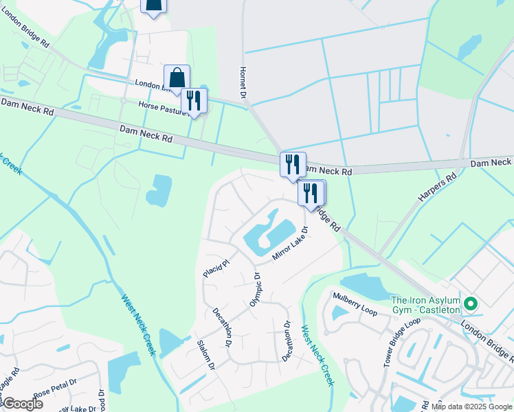 map of restaurants, bars, coffee shops, grocery stores, and more near 2329 Mirror Lake Drive in Virginia Beach