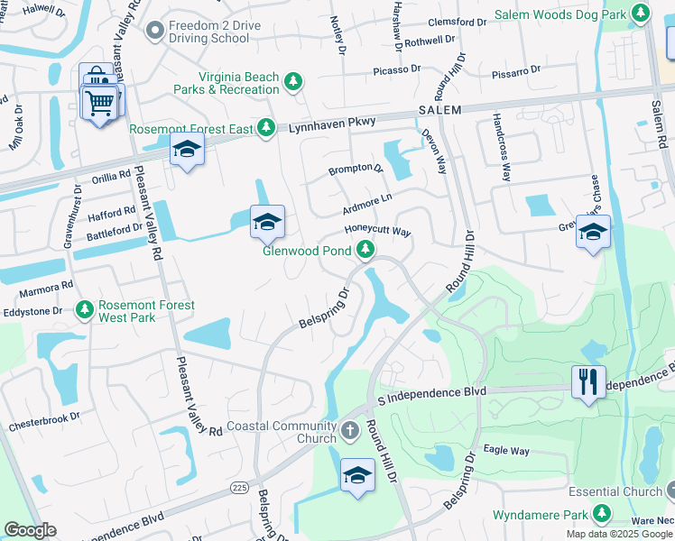 map of restaurants, bars, coffee shops, grocery stores, and more near 1089 Honeycutt Way in Virginia Beach