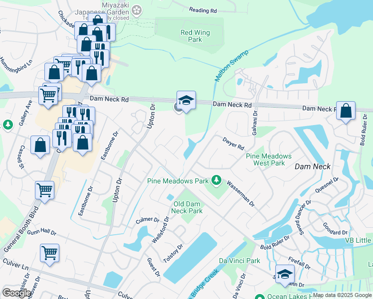 map of restaurants, bars, coffee shops, grocery stores, and more near 1637 Forest Fern Circle in Virginia Beach