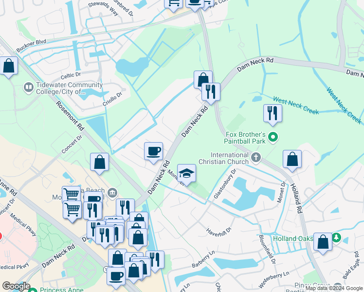 map of restaurants, bars, coffee shops, grocery stores, and more near 3325 Dam Neck Road in Virginia Beach