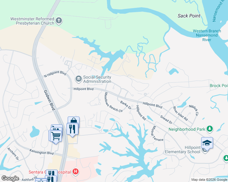 map of restaurants, bars, coffee shops, grocery stores, and more near 3200 Strata Court in Suffolk