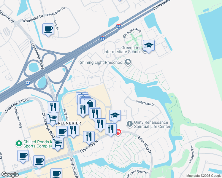 map of restaurants, bars, coffee shops, grocery stores, and more near 1600 Stone Moss Reach in Chesapeake