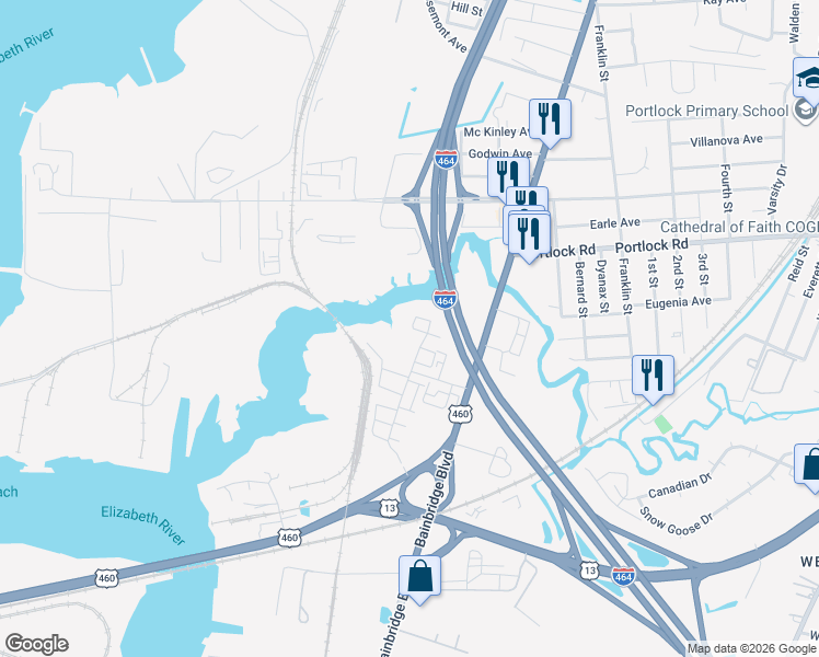 map of restaurants, bars, coffee shops, grocery stores, and more near 4309 Whitfield Lane in Chesapeake