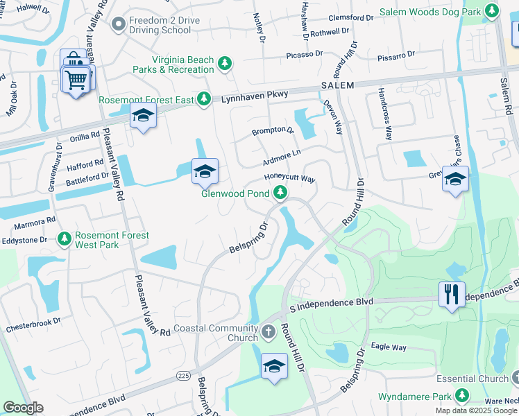 map of restaurants, bars, coffee shops, grocery stores, and more near 1089 Honeycutt Way in Virginia Beach
