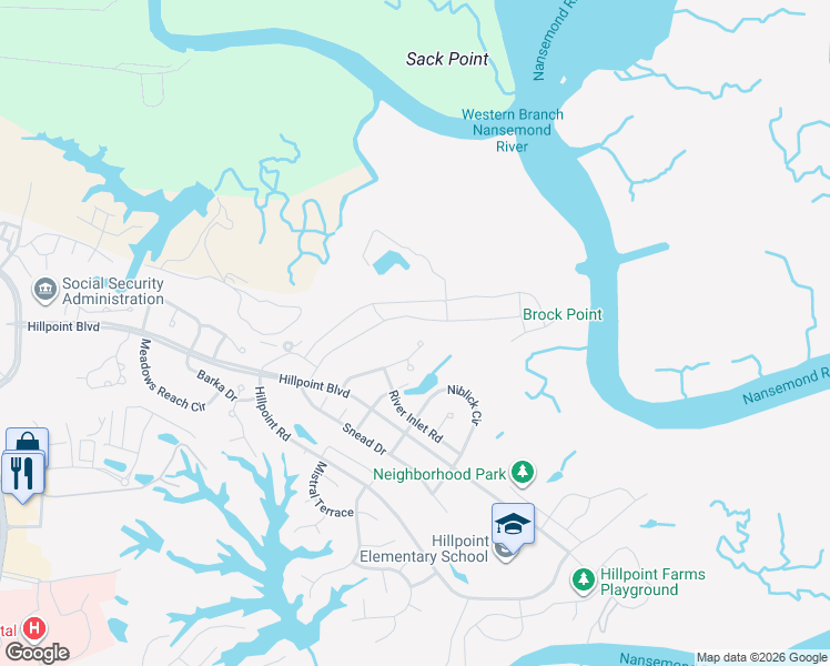 map of restaurants, bars, coffee shops, grocery stores, and more near 129 Birdie Drive in Suffolk