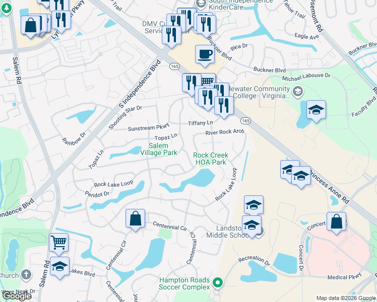map of restaurants, bars, coffee shops, grocery stores, and more near 1865 River Rock Arch in Virginia Beach