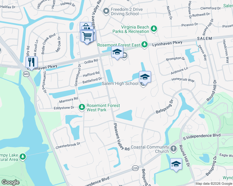 map of restaurants, bars, coffee shops, grocery stores, and more near 1816 Sydenham Trail in Virginia Beach