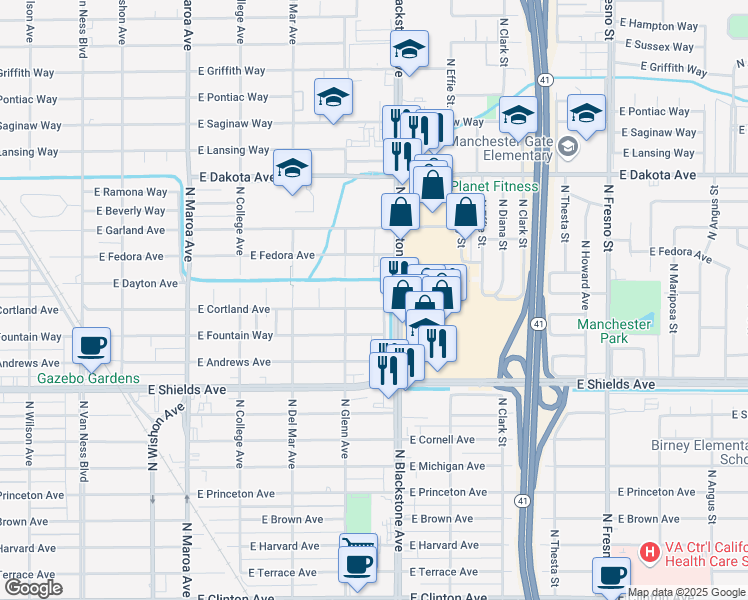 map of restaurants, bars, coffee shops, grocery stores, and more near 1603 East Cortland Avenue in Fresno