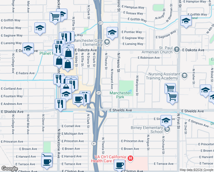 map of restaurants, bars, coffee shops, grocery stores, and more near 2306 East Dayton Avenue in Fresno