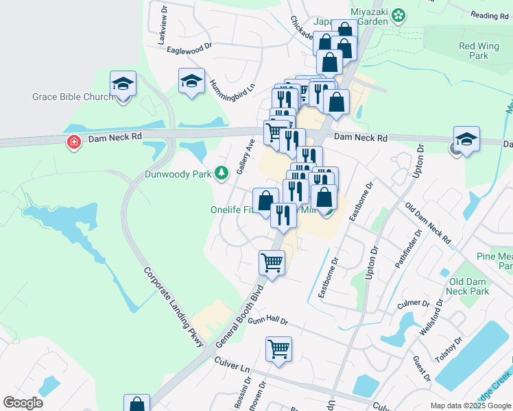 map of restaurants, bars, coffee shops, grocery stores, and more near 1108 Loveland Lane in Virginia Beach