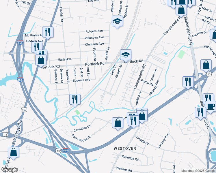 map of restaurants, bars, coffee shops, grocery stores, and more near 4164 Reid Street in Chesapeake