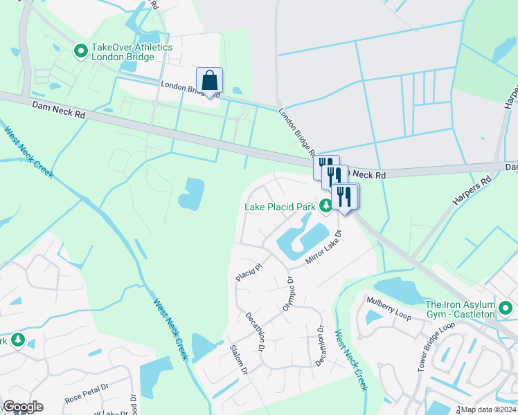 map of restaurants, bars, coffee shops, grocery stores, and more near 1708 Caroga Court in Virginia Beach