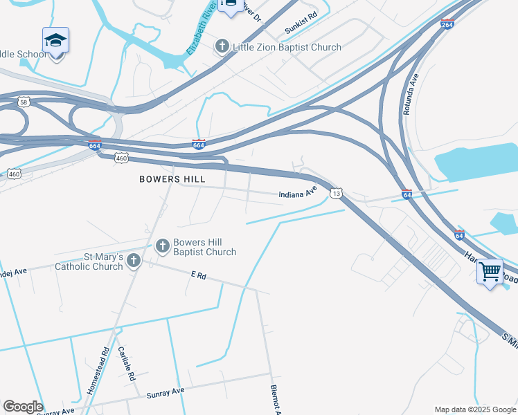 map of restaurants, bars, coffee shops, grocery stores, and more near 4533 Moonlight Way in Chesapeake